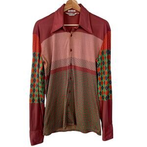 Nik Nik Vintage 70's Men's Disco Shirt Geometric Nylon‎ Size M Made in Italy